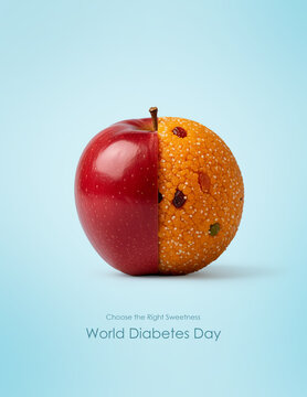 Creative Visual Concept for World Diabetes Day - Half  red apple and Half mothichoor laddu, Sugar vs Healthy food
