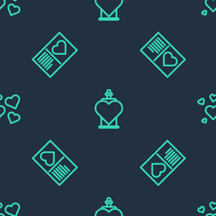 Set line Bottle with love potion, Valentines day flyer heart and Heart on seamless pattern. Vector