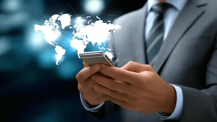 Defocused businessman with smartphone while sharp detailed global network visualization and cloud systems remain focused, with copy space - Powered by Adobe