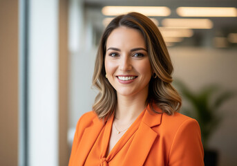 Corporate portrait of cheerful young woman in orange professional attire