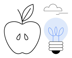 Apple shape with leaf and seeds alongside leafy sprout inside a light bulb, reflecting eco-innovation and sustainability. Ideal for creativity, growth, eco-friendly solutions, education, health
