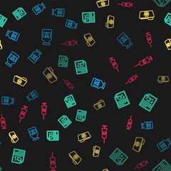 Set line Dog medicine bottle, Medical certificate for dog or cat, veterinary record folder and Syringe with pet vaccine on seamless pattern. Vector