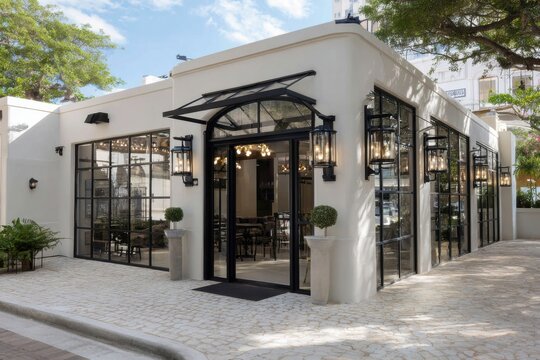 Modern cafe with large glass windows showcases stylish design and welcoming atmosphere, ideal for social gatherings in an urban setting