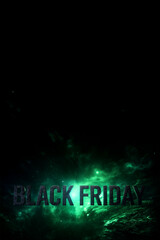 Obraz premium Texte en anglais “Black Friday” en lettres sombres avec effet lumineux vert sur fond noir avec espace négatif copyspace, soldes et promotions du Black Friday fin novembre