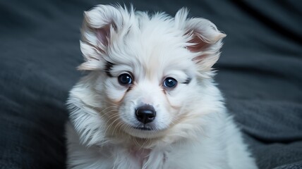 Cute fluffy white Pomeranian puppy sitting isolated on white background