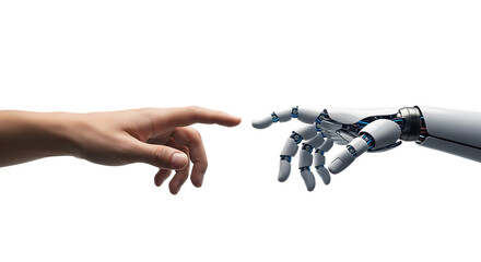 Human Hand Reaching Towards Robotic Hand with Blue Accents, isolated on a white or transparent background, cutout, PNG