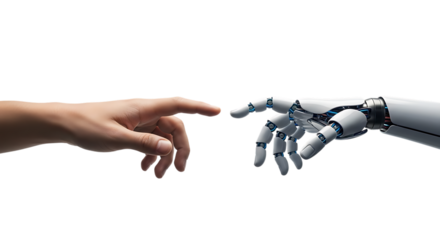 Human Hand Reaching Towards Robotic Hand with Blue Accents, isolated on a white or transparent background, cutout, PNG
