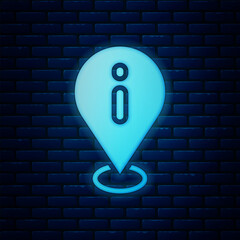 Glowing neon Location with information icon isolated on brick wall background. Vector