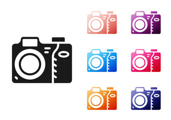 Black Photo camera icon isolated on white background. Foto camera icon. Set icons colorful. Vector
