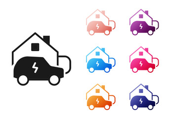 Black Electric car parking charging at home wall box charger station on house icon isolated on white background. Set icons colorful. Vector