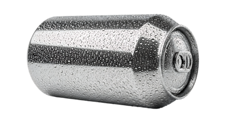 Silver Aluminum Beverage Can Covered in Condensation Droplets, isolated on a white or transparent background, cutout, PNG