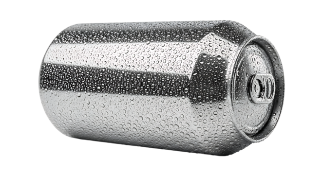 Silver Aluminum Beverage Can Covered in Condensation Droplets, isolated on a white or transparent background, cutout, PNG