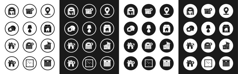 Set Map pointer with house, Table lamp, House building speech bubble, Warehouse, Cardboard box, dollar symbol, and shield icon. Vector