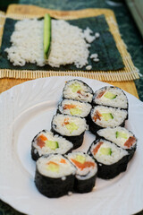 Fresh Sushi Rolls Ready to Serve With Salmon and Avocado