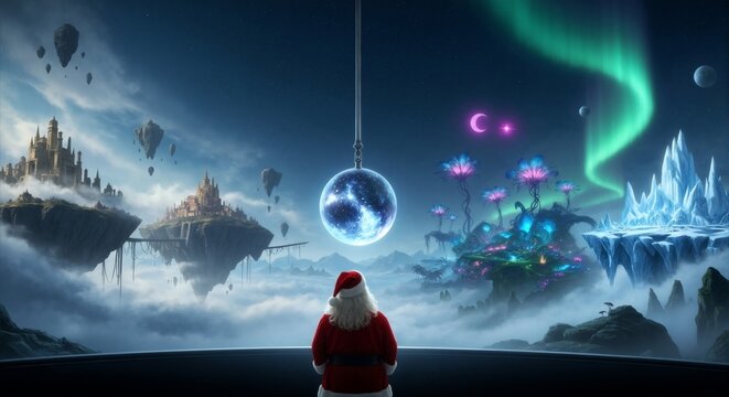 Santa Claus observing a surreal fantasy landscape with floating islands. Sci-fi Christmas concept with a glowing galaxy orb and aurora borealis in a magical world - Powered by Adobe