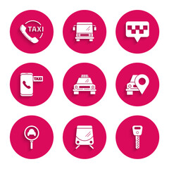Set Taxi car, Tram and railway, Car key, Map pointer with taxi, Magnifying glass, call telephone service, and icon. Vector