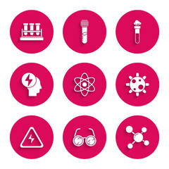 Set Atom, Laboratory glasses, Molecule, Bacteria, High voltage sign, Head and electric symbol, Test tube flask chemical and icon. Vector
