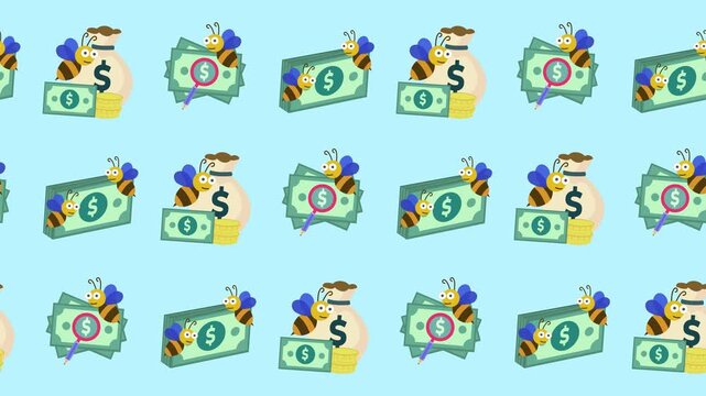Seamless pattern of financial audit, money management, and busy bee icons in a tile background animation. Repeating wallpaper with saving and productivity symbols. Investment review backdrop graphic.