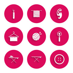 Set Yarn ball with knitting needles, Ironing board, Sewing button for clothes, Cutter tool, Electric iron and ironing, Hanger wardrobe, French curves and icon. Vector