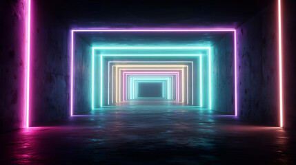 A futuristic tunnel illuminated neon lights effect