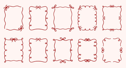 Whimsical wedding frame doodle set. Coquette boarders with bows and ribbons in sketch style. Hand drawn Vintage vector illustration for Valentine’s Day, wedding invitations.