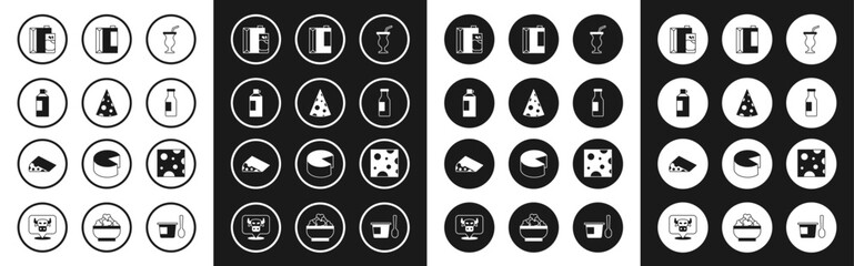 Fototapeta premium Set Milkshake, Cheese, Whipped cream in bottle, Paper package for milk, Bottle with, kefir, and icon. Vector