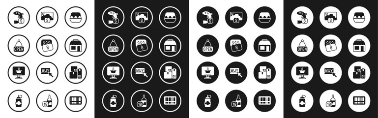 Fototapeta premium Set Chicken egg in box, New price tag dollar, Hanging sign with Open, Price for fish, Market store, Credit card, Cash register machine and Shopping cart on computer icon. Vector