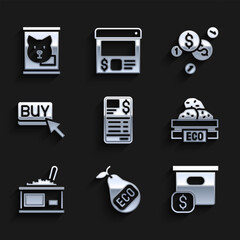 Set Paper or financial check, Healthy organic pear, Carton cardboard box with price, Wooden for fruits, Tin can caviar, Buy button, Coin money dollar and Canned food icon. Vector