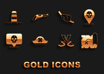 Set Pirate hat, Location pirate, treasure map, Crossed swords, Skull, eye patch, Lighthouse and Vintage pistol icon. Vector
