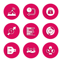 Set Pie chart infographic, Location, Arrow, Shopping bag with Sale and Mountains flag icon. Vector