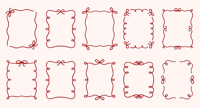 Whimsical wedding frame doodle set. Coquette boarders with bows and ribbons in sketch style. Hand drawn Vintage vector illustration for Valentine&rsquo;s Day, wedding invitations.