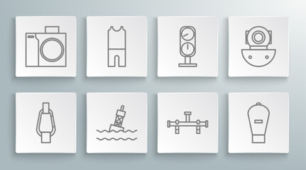Set line Carabiner, Wetsuit for scuba diving, Floating buoy on the sea, Manifold, Lift bag, Gauge scale, Aqualung and Photo camera diver icon. Vector