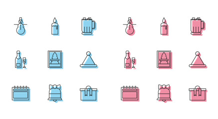 Set line Calendar, Merry Christmas ringing bell, snowman, Gift box, postcard, Santa Claus hat, Champagne bottle and glass of champagne and Burning candle candlestick icon. Vector