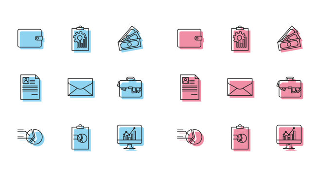 Set line Pie chart infographic, Clipboard with, Wallet, Computer monitor, Envelope, Briefcase and money, Resume and icon. Vector