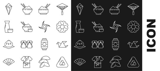 Set line Sushi, Origami bird, Flower, Rice in bowl with chopstick, Traditional Japanese tea ceremony, Temaki roll and ninja shuriken icon. Vector