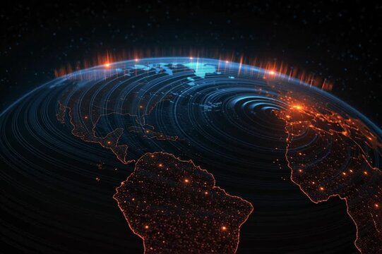 the Earth with fine latitude and longitude lines, concentric signal waves made of binary code and spectrograms emanating from several points, glowing at the intersections, infographic style