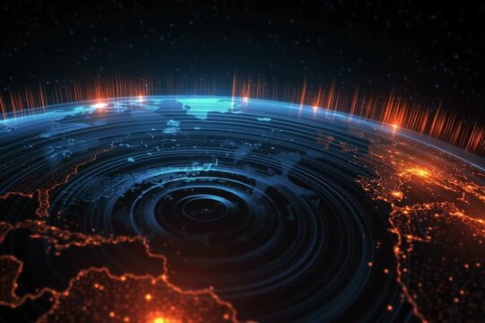the Earth with fine latitude and longitude lines, concentric signal waves made of binary code and spectrograms emanating from several points, glowing at the intersections, infographic style