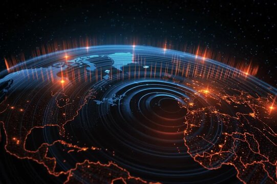 the Earth with fine latitude and longitude lines, concentric signal waves made of binary code and spectrograms emanating from several points, glowing at the intersections, infographic style