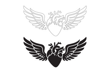 Black and white illustration of a heart with wings