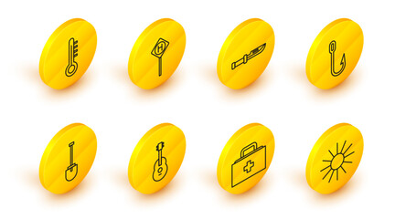 Set line Sun, First aid kit, Guitar, Shovel, Fishing hook, Camping knife, Parking and Meteorology thermometer icon. Vector