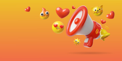 Realistic megaphone, fire, cat, heart and smiley emoji 3D cartoon plastic style, loudspeaker for marketing vector design