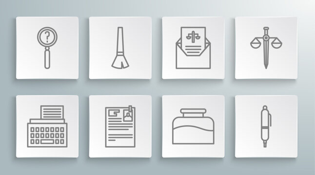 Set line Retro typewriter, Paint brush, Lawsuit paper, Inkwell, Pen, Subpoena, Scales of justice and Magnifying glass with search icon. Vector