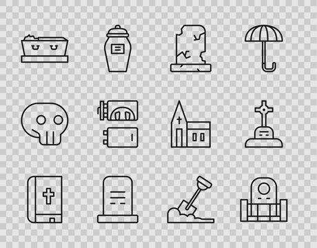 Set line Holy bible book, Grave with tombstone, Old grave, Coffin dead, Crematorium, Shovel the ground and cross icon. Vector