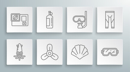 Set line Octopus, Aqualung, Boat propeller, turbine, Scallop sea shell, Diving mask, and snorkel, Wetsuit and Action camera icon. Vector