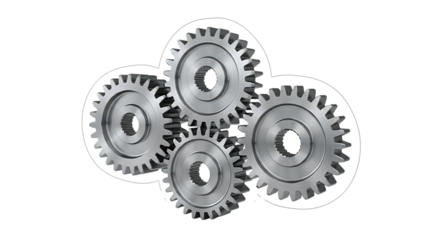 Four interlocking metal gears with serrated teeth and central holes, isolated on a white or transparent background, cutout, PNG