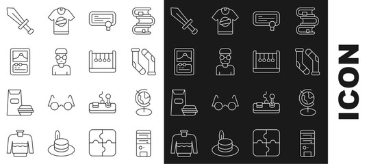 Set line Computer, Earth globe, Socks, Certificate template, Nerd geek, Card game, Sword for and Pendulum icon. Vector