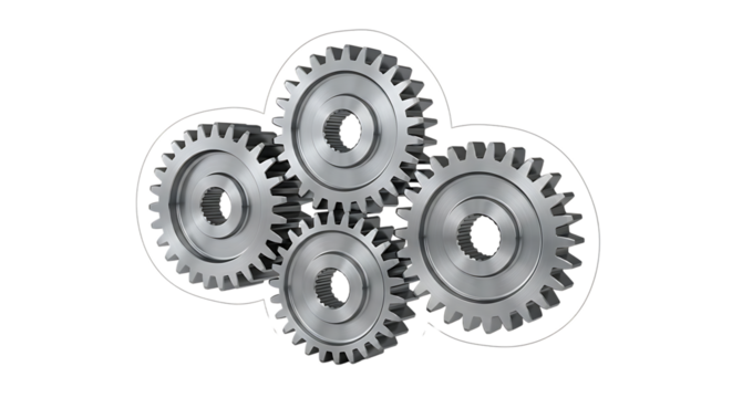 Four interlocking metal gears with serrated teeth and central holes, isolated on a white or transparent background, cutout, PNG