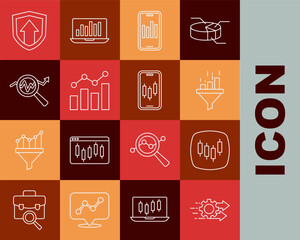 Set line Time management, Browser with stocks market, Sales funnel chart, Mobile graph, Financial growth, Search data analysis, and trading icon. Vector