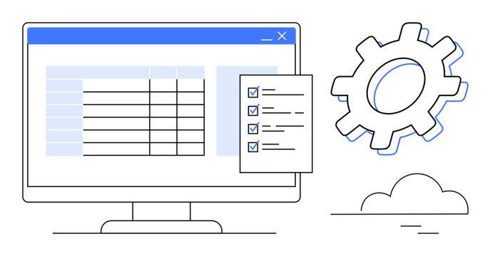 Computer screen displaying a table with checklist overlay, gear symbolizing process, cloud element. Ideal for efficiency, productivity, data management, analytics, workflow, planning technology