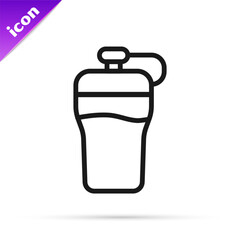 Black line Fitness shaker icon isolated on white background. Sports shaker bottle with lid for water and protein cocktails. Vector